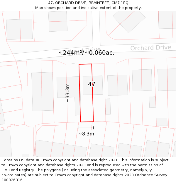 47, ORCHARD DRIVE, BRAINTREE, CM7 1EQ: Plot and title map