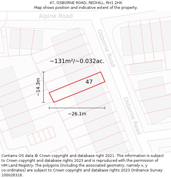 47, OSBORNE ROAD, REDHILL, RH1 2HX: Plot and title map