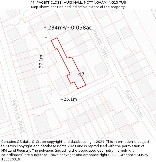 47, PAGETT CLOSE, HUCKNALL, NOTTINGHAM, NG15 7US: Plot and title map