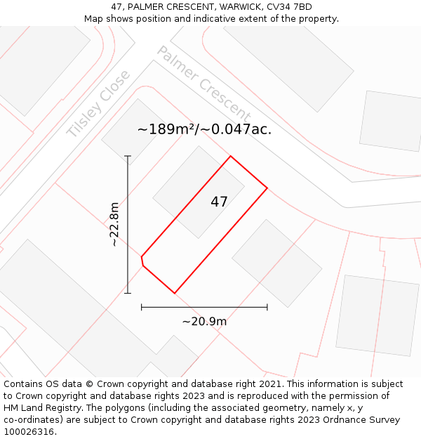47, PALMER CRESCENT, WARWICK, CV34 7BD: Plot and title map