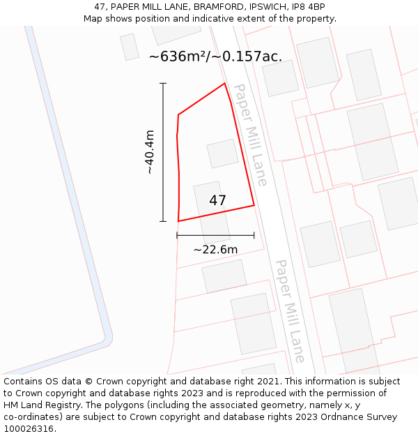 47, PAPER MILL LANE, BRAMFORD, IPSWICH, IP8 4BP: Plot and title map
