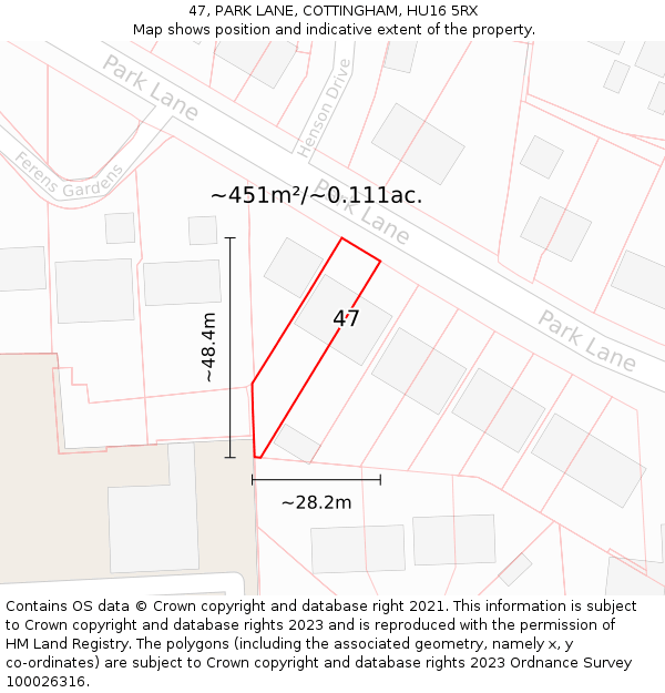 47, PARK LANE, COTTINGHAM, HU16 5RX: Plot and title map