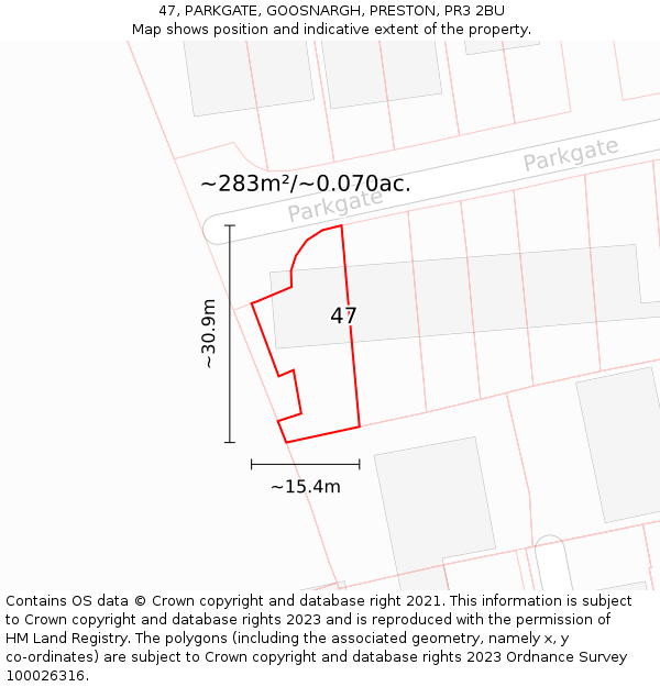 47, PARKGATE, GOOSNARGH, PRESTON, PR3 2BU: Plot and title map
