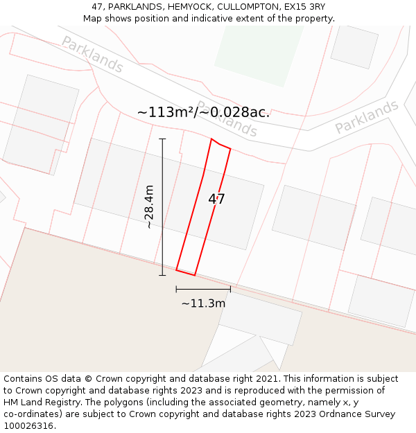 47, PARKLANDS, HEMYOCK, CULLOMPTON, EX15 3RY: Plot and title map