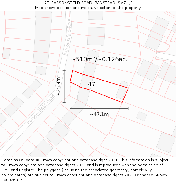 47, PARSONSFIELD ROAD, BANSTEAD, SM7 1JP: Plot and title map