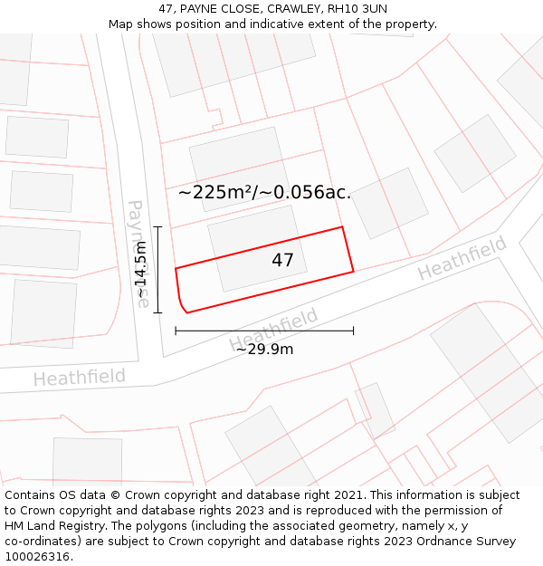 47, PAYNE CLOSE, CRAWLEY, RH10 3UN: Plot and title map