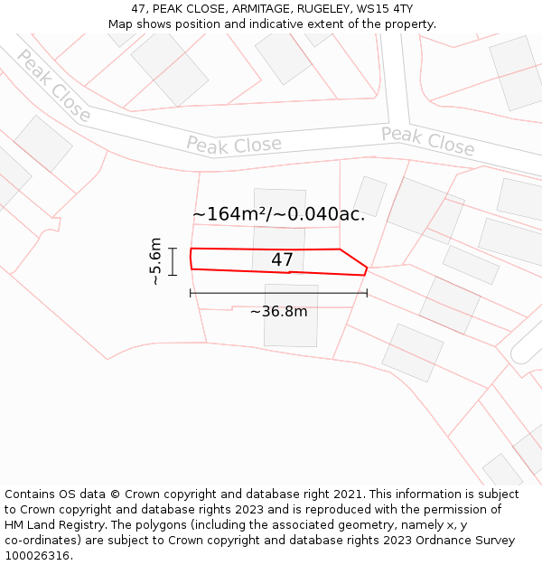 47, PEAK CLOSE, ARMITAGE, RUGELEY, WS15 4TY: Plot and title map