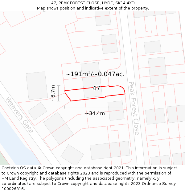 47, PEAK FOREST CLOSE, HYDE, SK14 4XD: Plot and title map