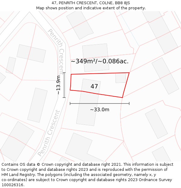 47, PENRITH CRESCENT, COLNE, BB8 8JS: Plot and title map