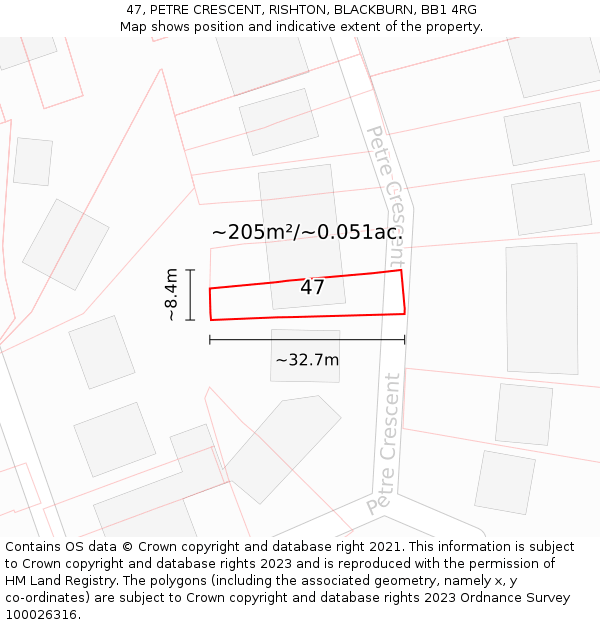 47, PETRE CRESCENT, RISHTON, BLACKBURN, BB1 4RG: Plot and title map
