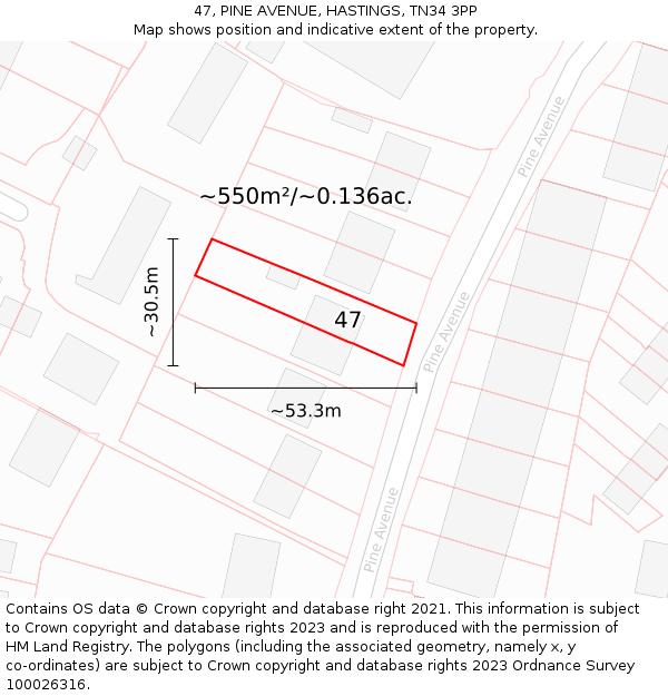 47, PINE AVENUE, HASTINGS, TN34 3PP: Plot and title map