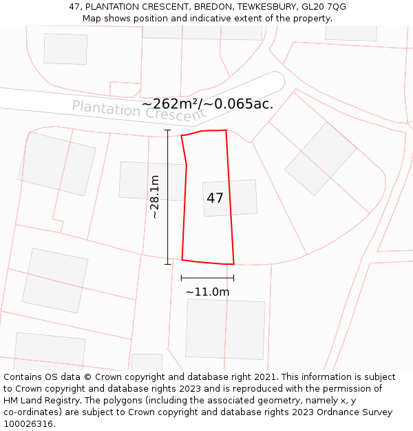 47, PLANTATION CRESCENT, BREDON, TEWKESBURY, GL20 7QG: Plot and title map