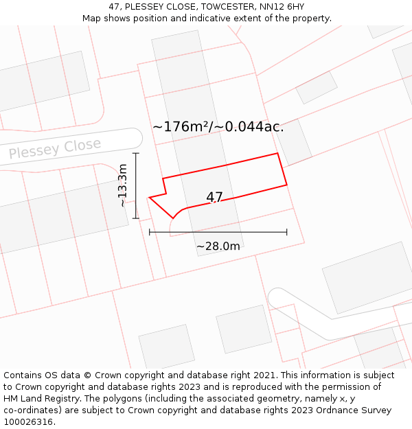 47, PLESSEY CLOSE, TOWCESTER, NN12 6HY: Plot and title map