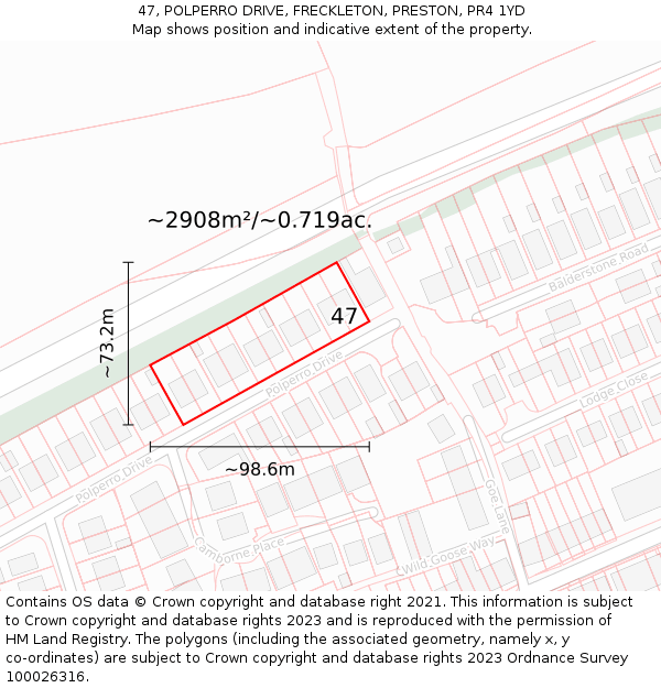 47, POLPERRO DRIVE, FRECKLETON, PRESTON, PR4 1YD: Plot and title map