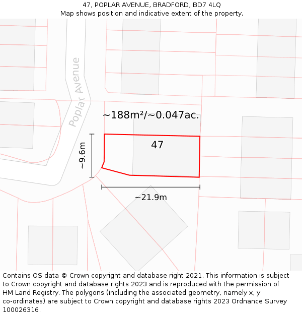 47, POPLAR AVENUE, BRADFORD, BD7 4LQ: Plot and title map