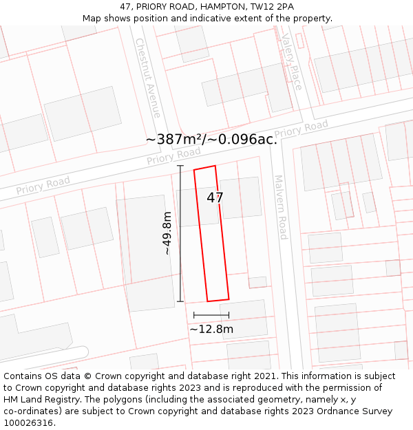 47, PRIORY ROAD, HAMPTON, TW12 2PA: Plot and title map
