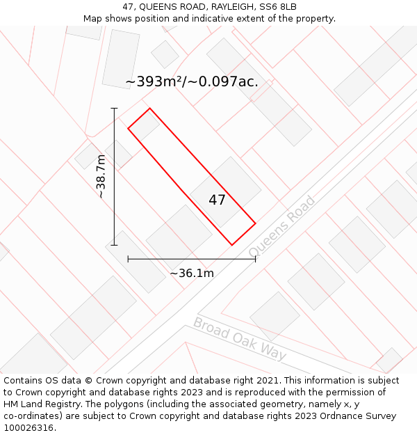 47, QUEENS ROAD, RAYLEIGH, SS6 8LB: Plot and title map