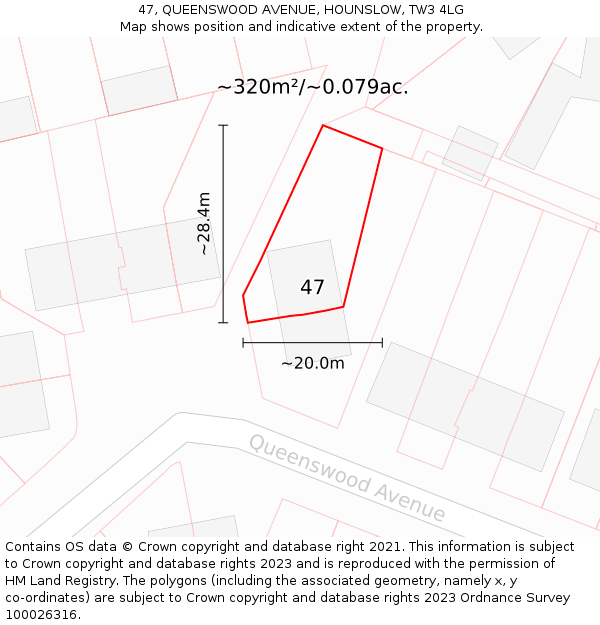 47, QUEENSWOOD AVENUE, HOUNSLOW, TW3 4LG: Plot and title map