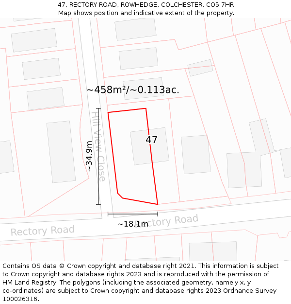 47, RECTORY ROAD, ROWHEDGE, COLCHESTER, CO5 7HR: Plot and title map