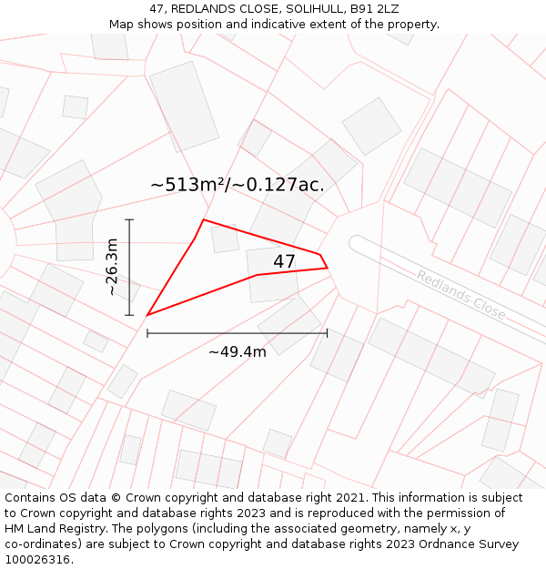 47, REDLANDS CLOSE, SOLIHULL, B91 2LZ: Plot and title map