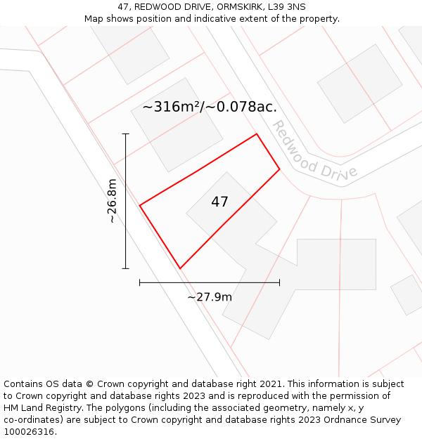 47, REDWOOD DRIVE, ORMSKIRK, L39 3NS: Plot and title map