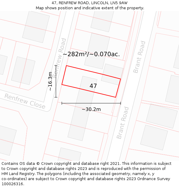 47, RENFREW ROAD, LINCOLN, LN5 9AW: Plot and title map
