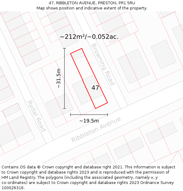 47, RIBBLETON AVENUE, PRESTON, PR1 5RU: Plot and title map