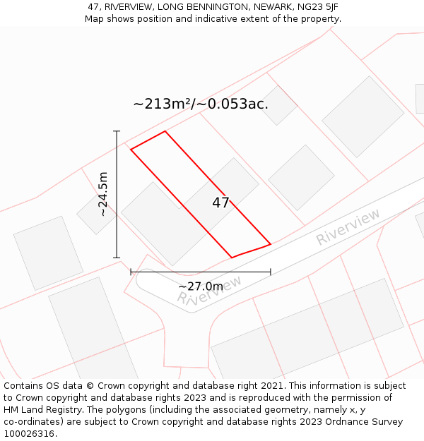 47, RIVERVIEW, LONG BENNINGTON, NEWARK, NG23 5JF: Plot and title map