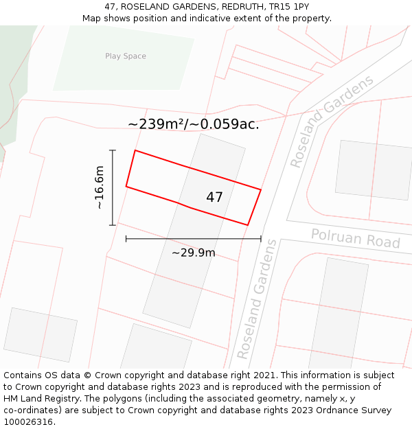 47, ROSELAND GARDENS, REDRUTH, TR15 1PY: Plot and title map