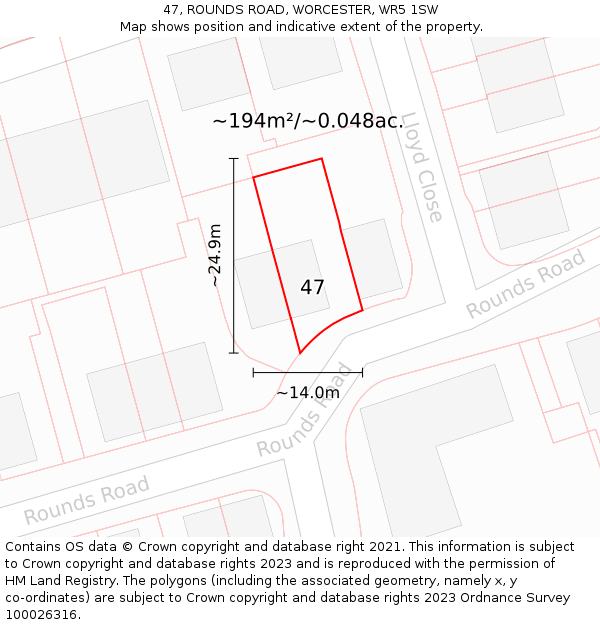 47, ROUNDS ROAD, WORCESTER, WR5 1SW: Plot and title map