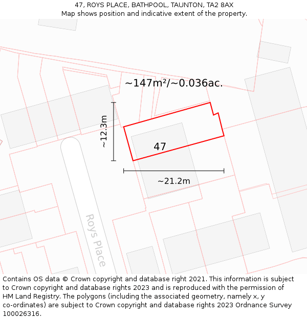47, ROYS PLACE, BATHPOOL, TAUNTON, TA2 8AX: Plot and title map