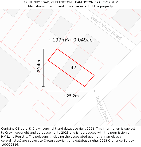 47, RUGBY ROAD, CUBBINGTON, LEAMINGTON SPA, CV32 7HZ: Plot and title map