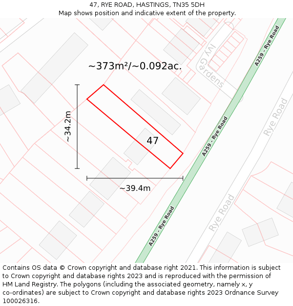 47, RYE ROAD, HASTINGS, TN35 5DH: Plot and title map