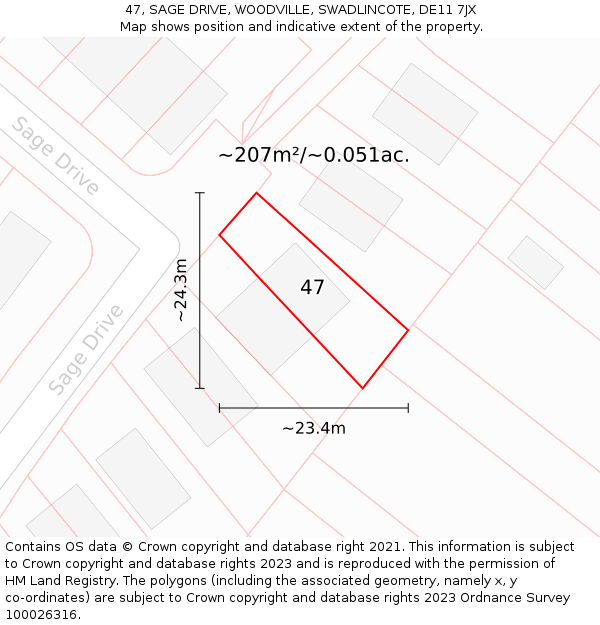 47, SAGE DRIVE, WOODVILLE, SWADLINCOTE, DE11 7JX: Plot and title map