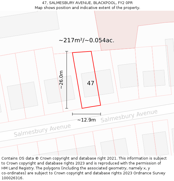 47, SALMESBURY AVENUE, BLACKPOOL, FY2 0PR: Plot and title map
