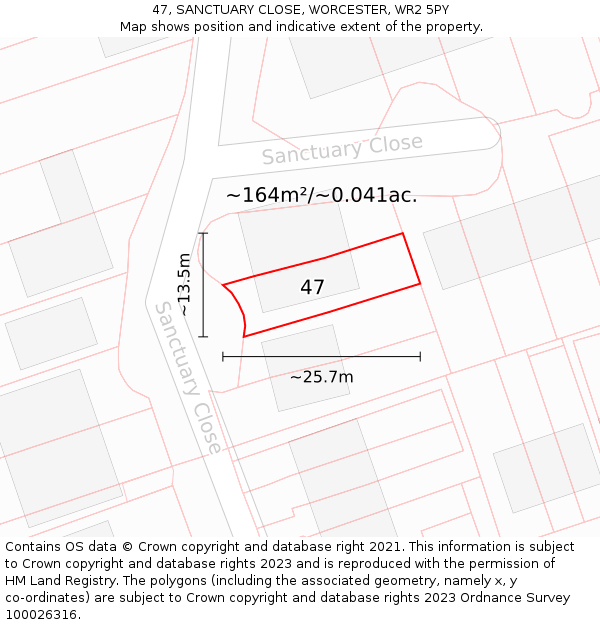 47, SANCTUARY CLOSE, WORCESTER, WR2 5PY: Plot and title map