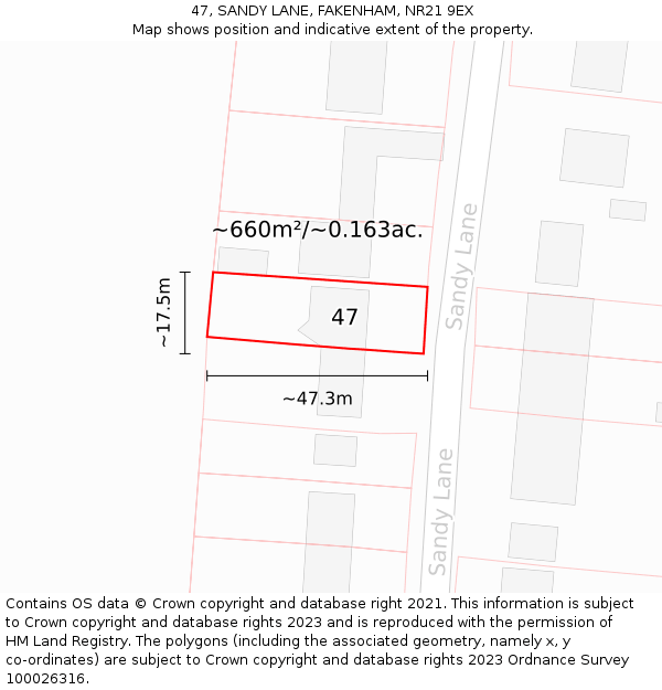 47, SANDY LANE, FAKENHAM, NR21 9EX: Plot and title map