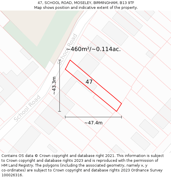 47, SCHOOL ROAD, MOSELEY, BIRMINGHAM, B13 9TF: Plot and title map