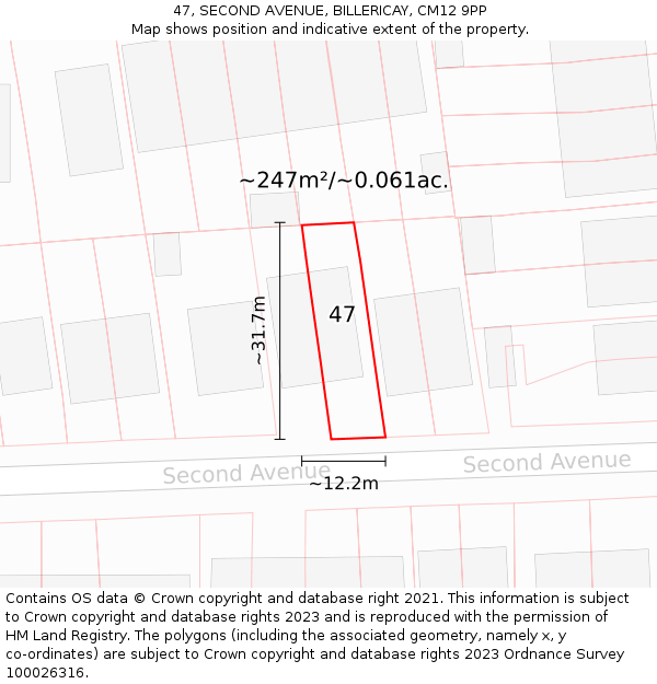 47, SECOND AVENUE, BILLERICAY, CM12 9PP: Plot and title map