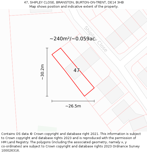 47, SHIPLEY CLOSE, BRANSTON, BURTON-ON-TRENT, DE14 3HB: Plot and title map