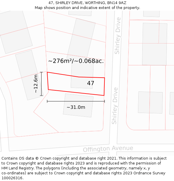 47, SHIRLEY DRIVE, WORTHING, BN14 9AZ: Plot and title map