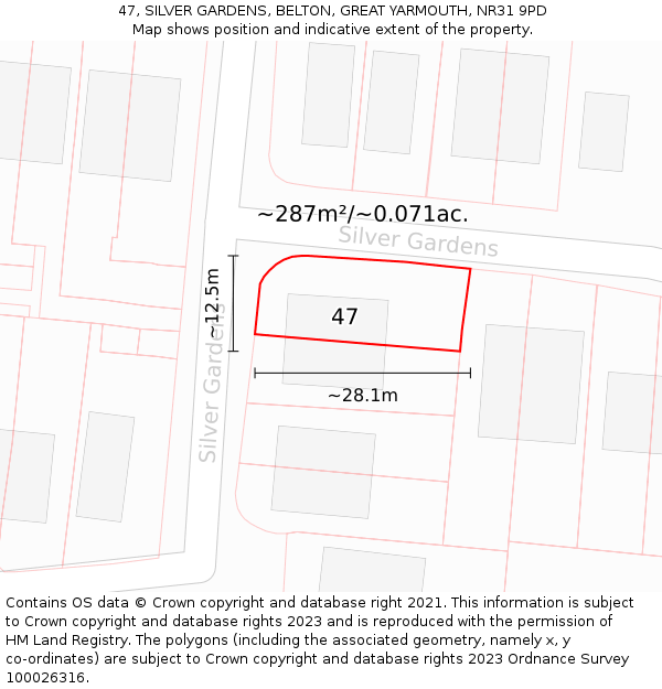47, SILVER GARDENS, BELTON, GREAT YARMOUTH, NR31 9PD: Plot and title map