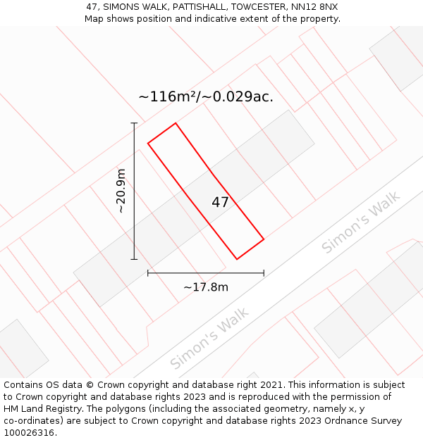 47, SIMONS WALK, PATTISHALL, TOWCESTER, NN12 8NX: Plot and title map