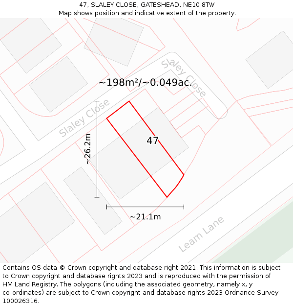 47, SLALEY CLOSE, GATESHEAD, NE10 8TW: Plot and title map
