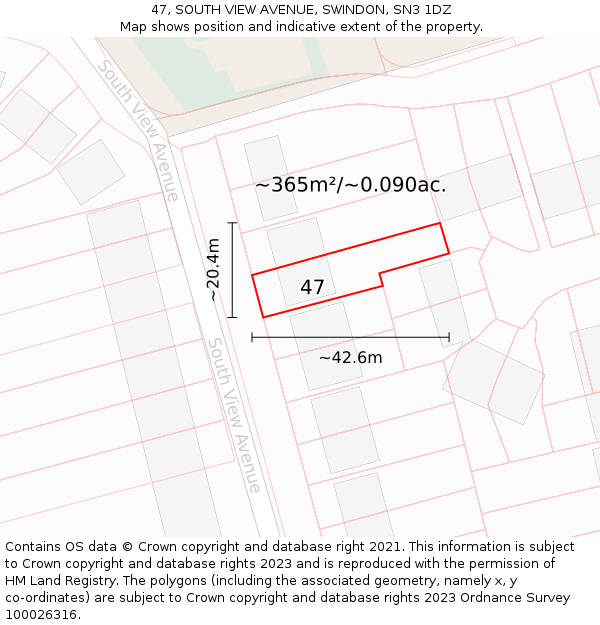 47, SOUTH VIEW AVENUE, SWINDON, SN3 1DZ: Plot and title map