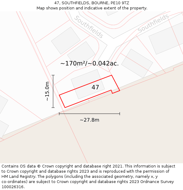 47, SOUTHFIELDS, BOURNE, PE10 9TZ: Plot and title map