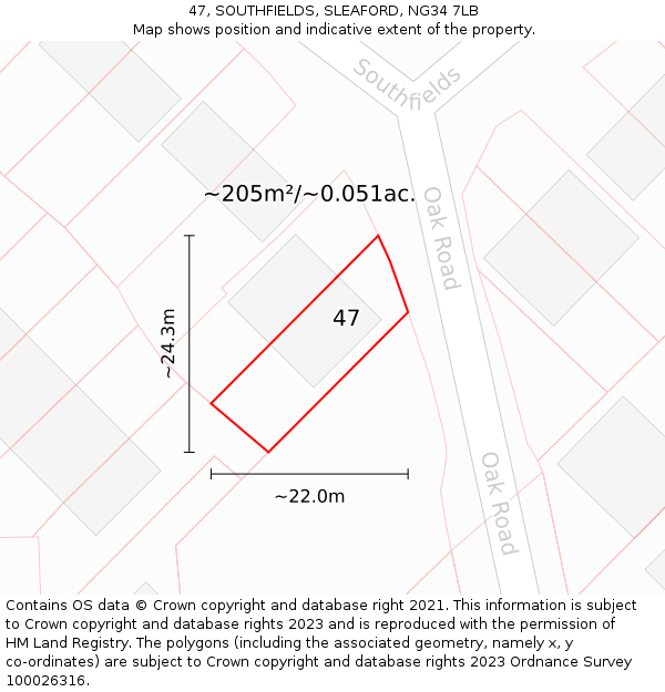 47, SOUTHFIELDS, SLEAFORD, NG34 7LB: Plot and title map