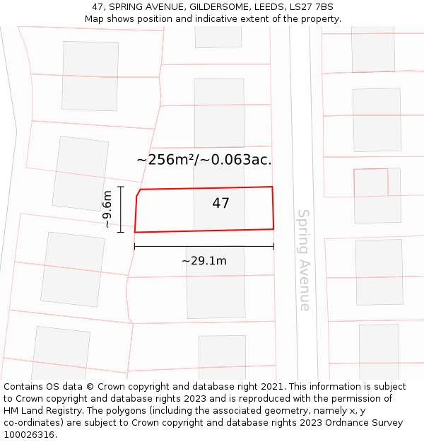 47, SPRING AVENUE, GILDERSOME, LEEDS, LS27 7BS: Plot and title map