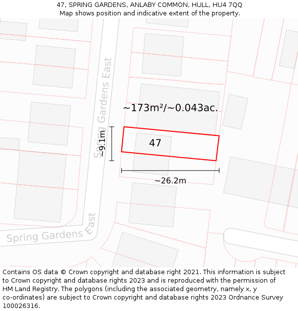 47, SPRING GARDENS, ANLABY COMMON, HULL, HU4 7QQ: Plot and title map