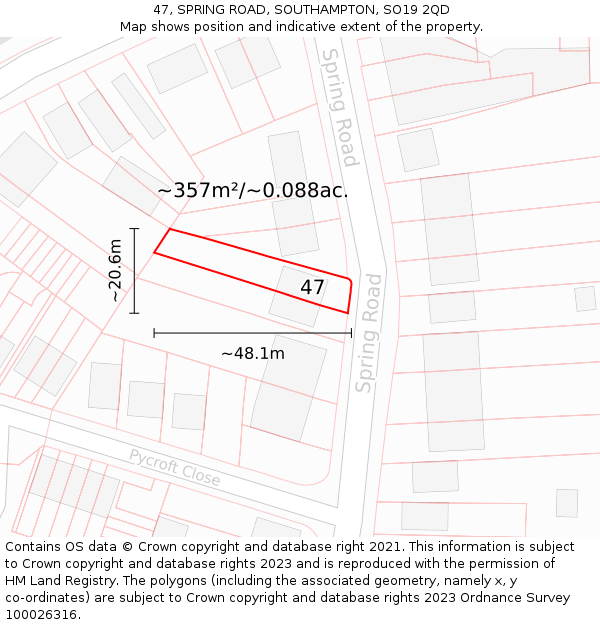 47, SPRING ROAD, SOUTHAMPTON, SO19 2QD: Plot and title map